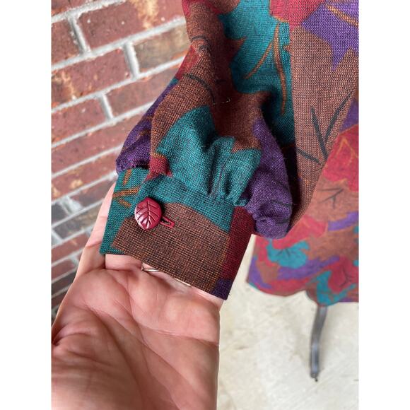 NWT Vintage fall dress - Leslie Fay - leaves - shirt dress - midi - 70s - size S - Picture 5 of 11